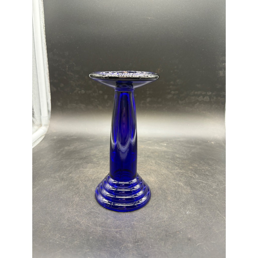 Vintage Cobalt Blue Glass Candlestick Holder Ribbed Base Pillar Stand 6.75in